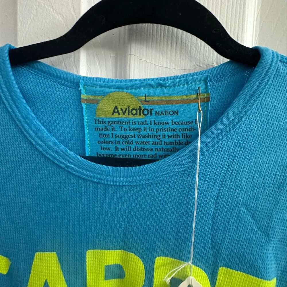 Aviator Nation Turquoise Shirt with Neon Yellow Print Carpe Diem size Large - Picture 3 of 5